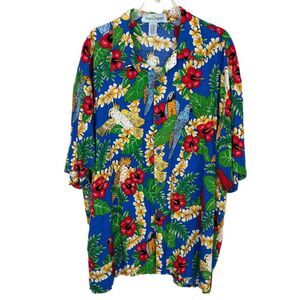 Tropics Express XL Hawaiian Shirt Red Flowers Parrot Macaw Island Summer